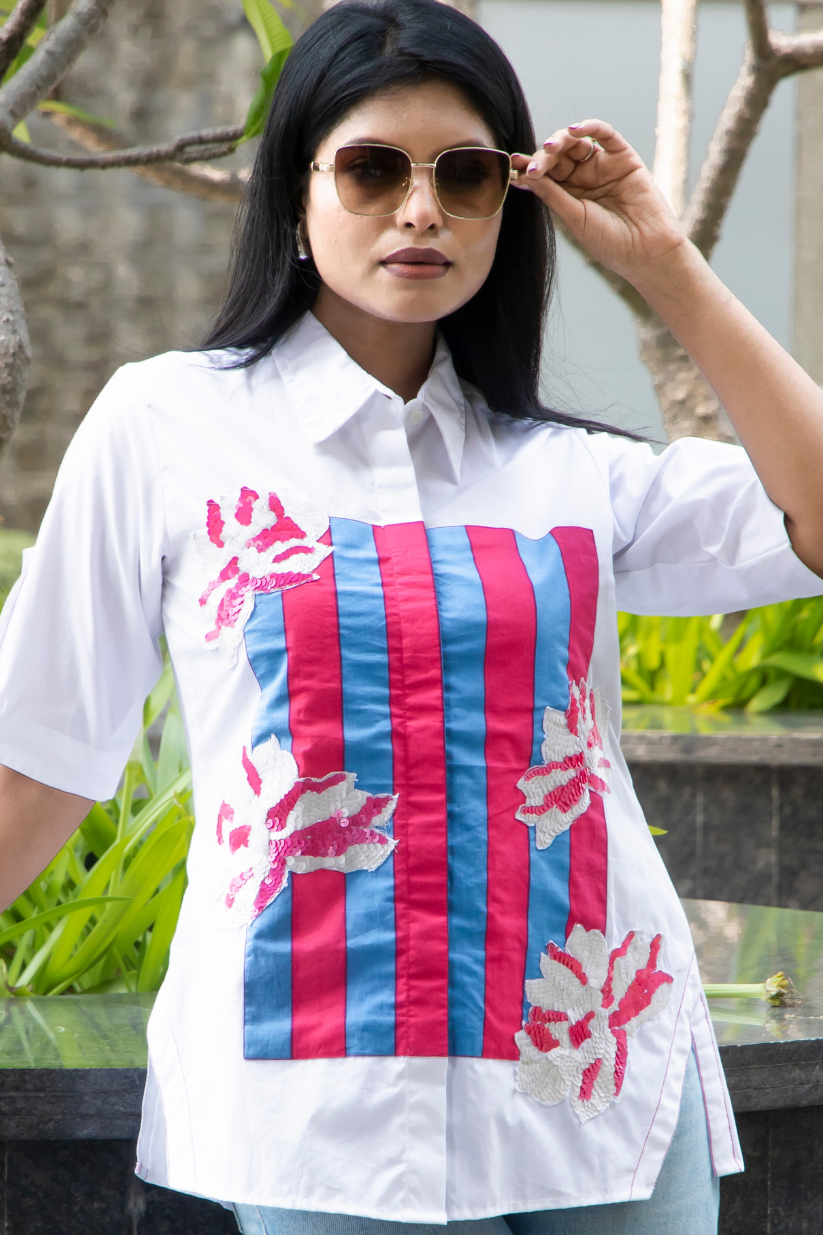 White Pink Blue Stripes Shirt