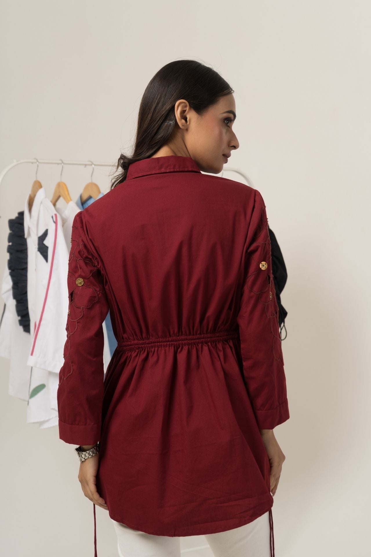 Maroon Floral Cutwork Shirt