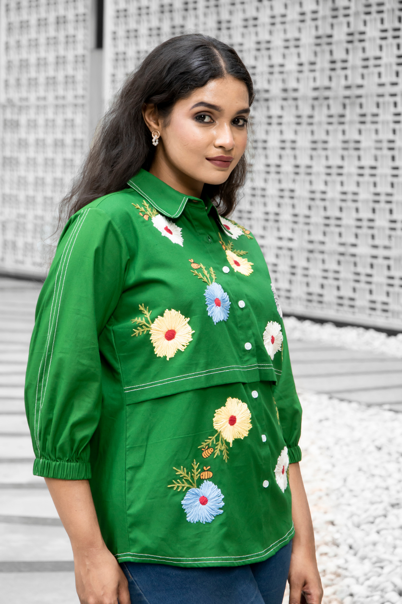 Green Floral Bee Flap Shirt