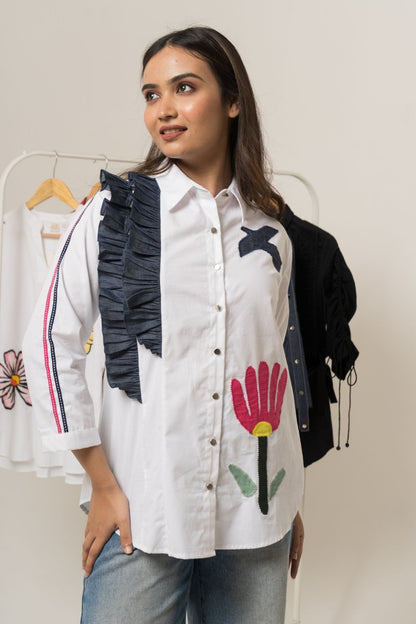 White Denim Ruffles Shirt