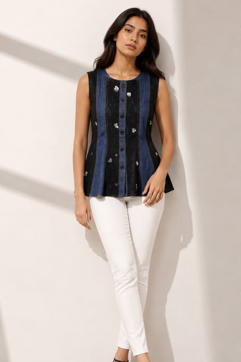 Denim Lace Peplum Top