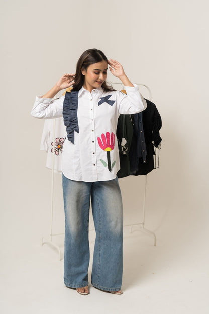 White Denim Ruffles Shirt