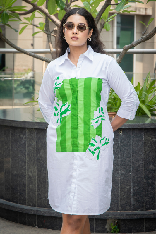 White Green White Stripes Dress