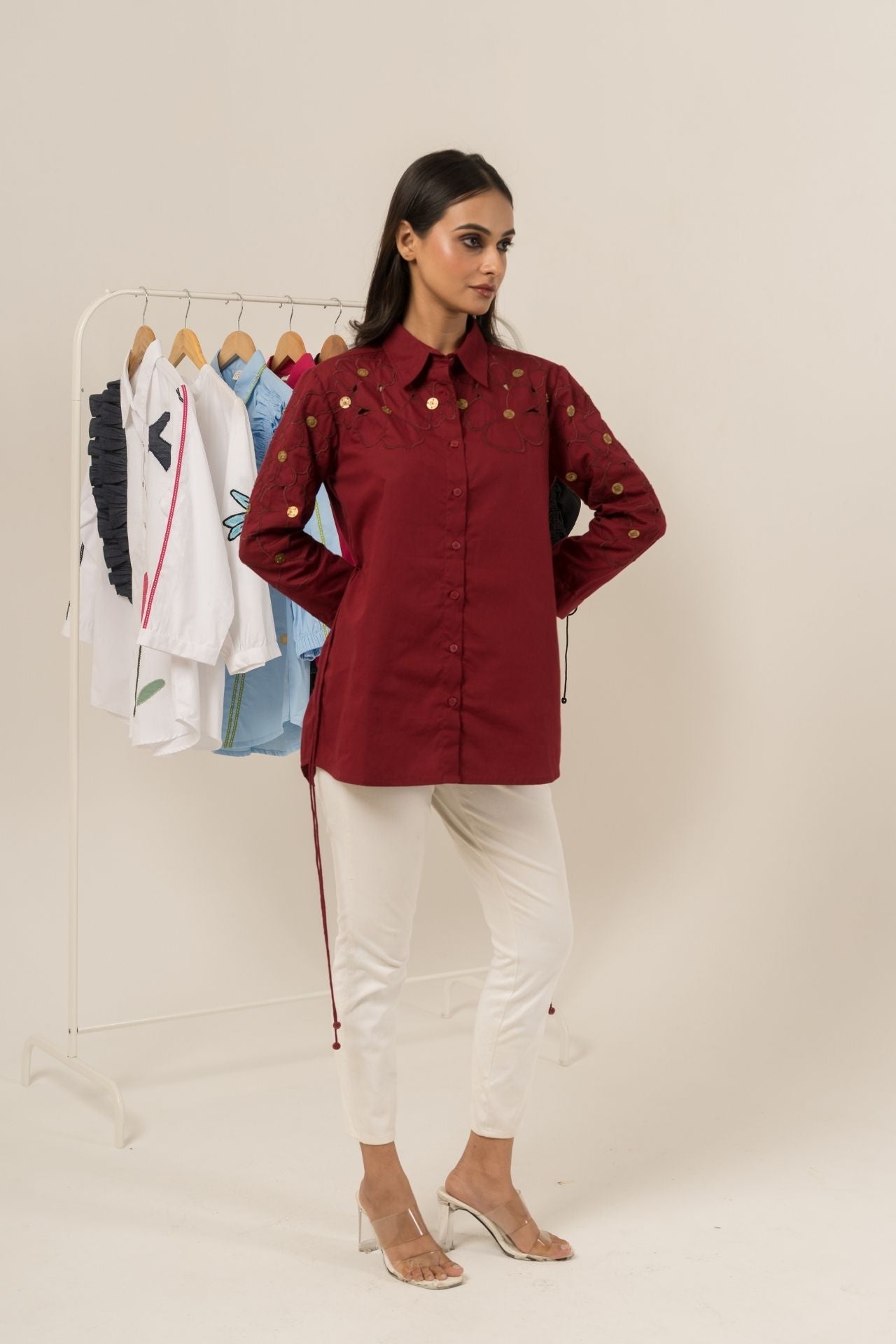 Maroon Floral Cutwork Shirt