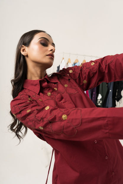 Maroon Floral Cutwork Shirt