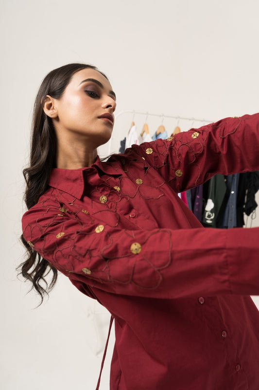 Maroon Floral Cutwork Shirt