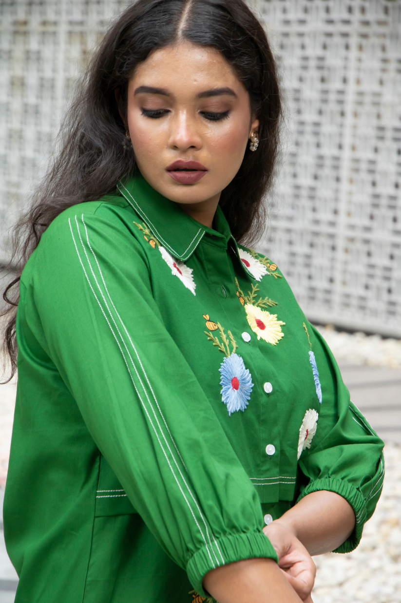 Green Floral Bee Flap Shirt