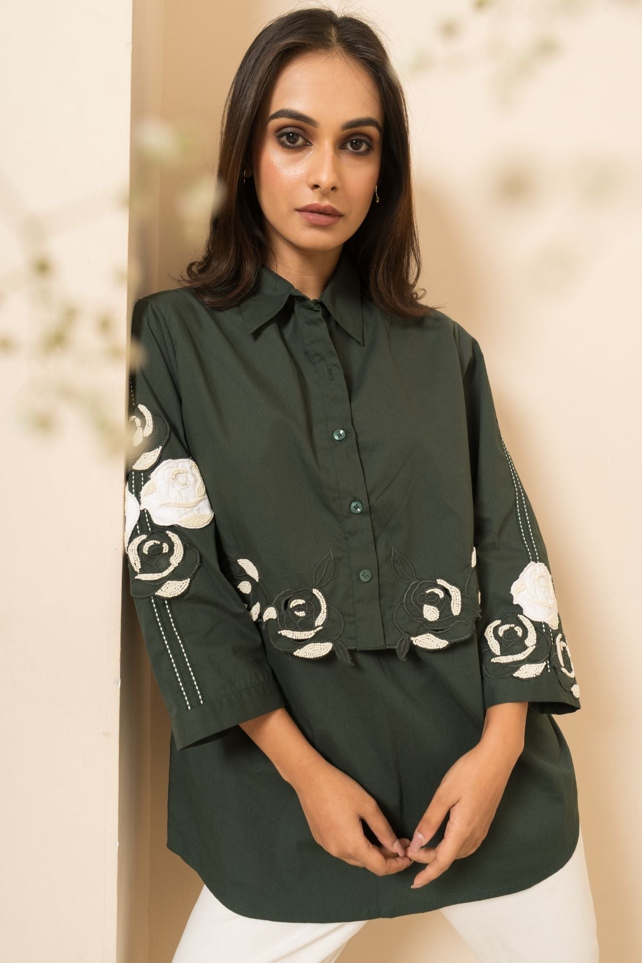 Green Rose Cutwork Shirt