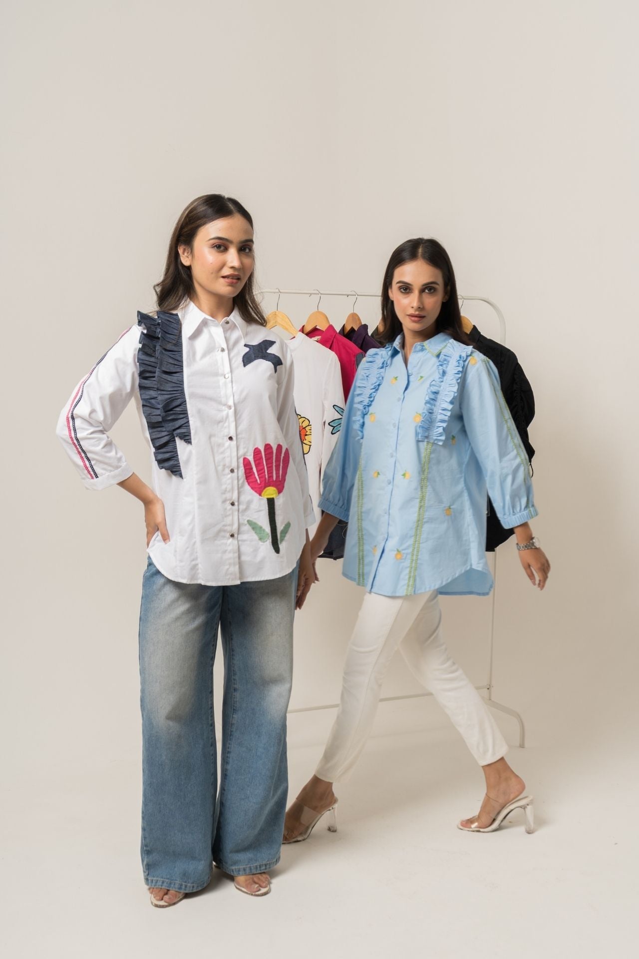 White Denim Ruffles Shirt