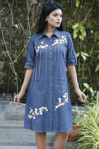 Denim Floral Hangings Dress