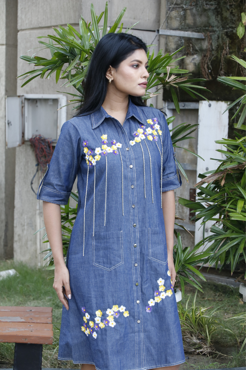 Denim Floral Hangings Dress